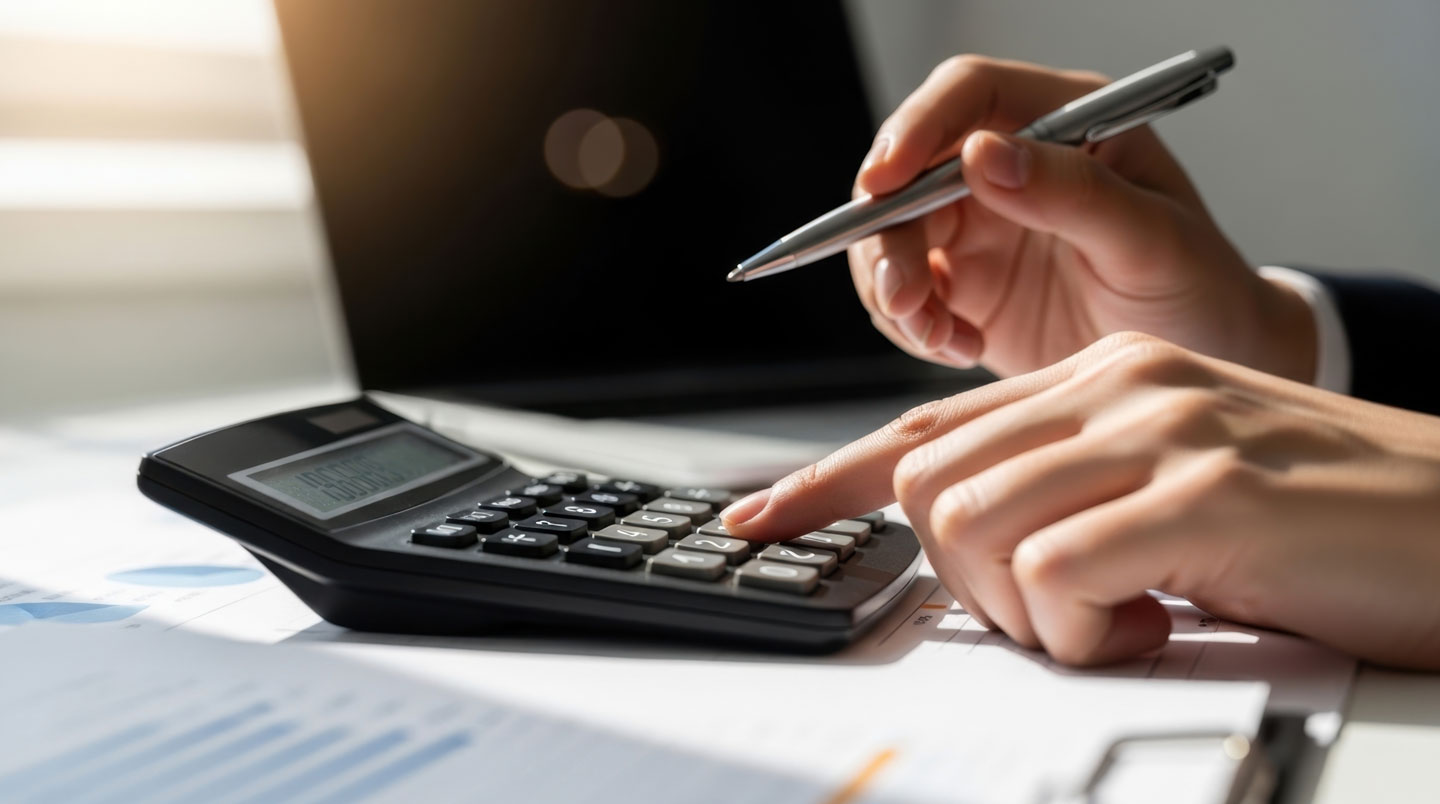 Vue de dessus d'une calculatrice posée sur des documents financiers manuscrits sur une table en bois clair