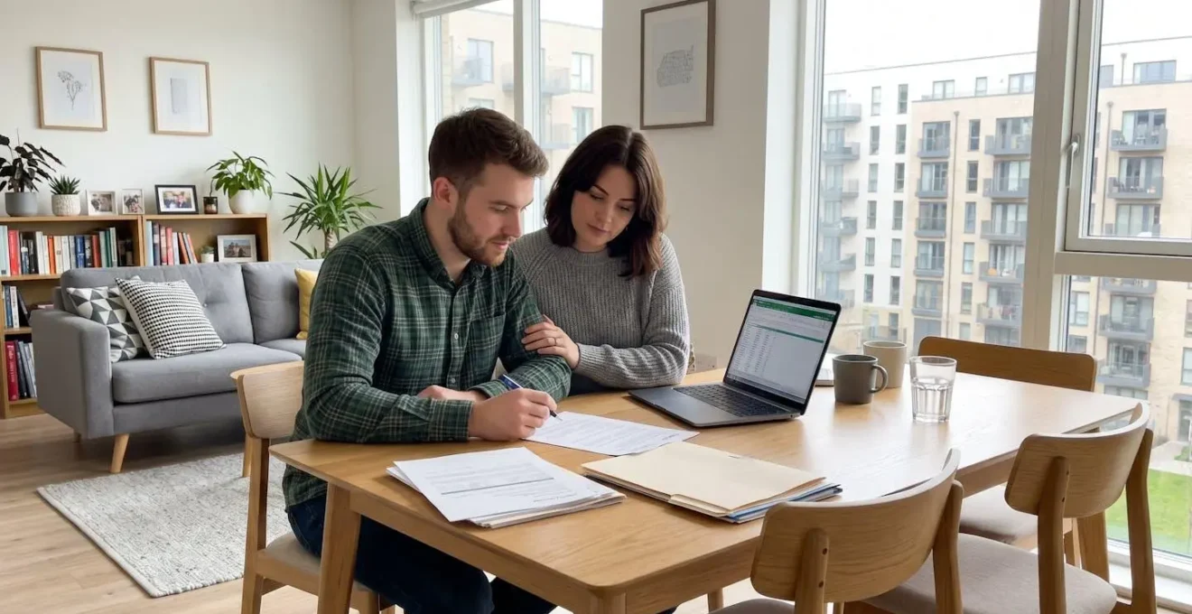 Jeune couple souriant consultant ensemble des documents administratifs sur une table lumineuse avec un ordinateur portable ouvert