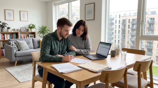 Jeune couple souriant consultant ensemble des documents administratifs sur une table lumineuse avec un ordinateur portable ouvert