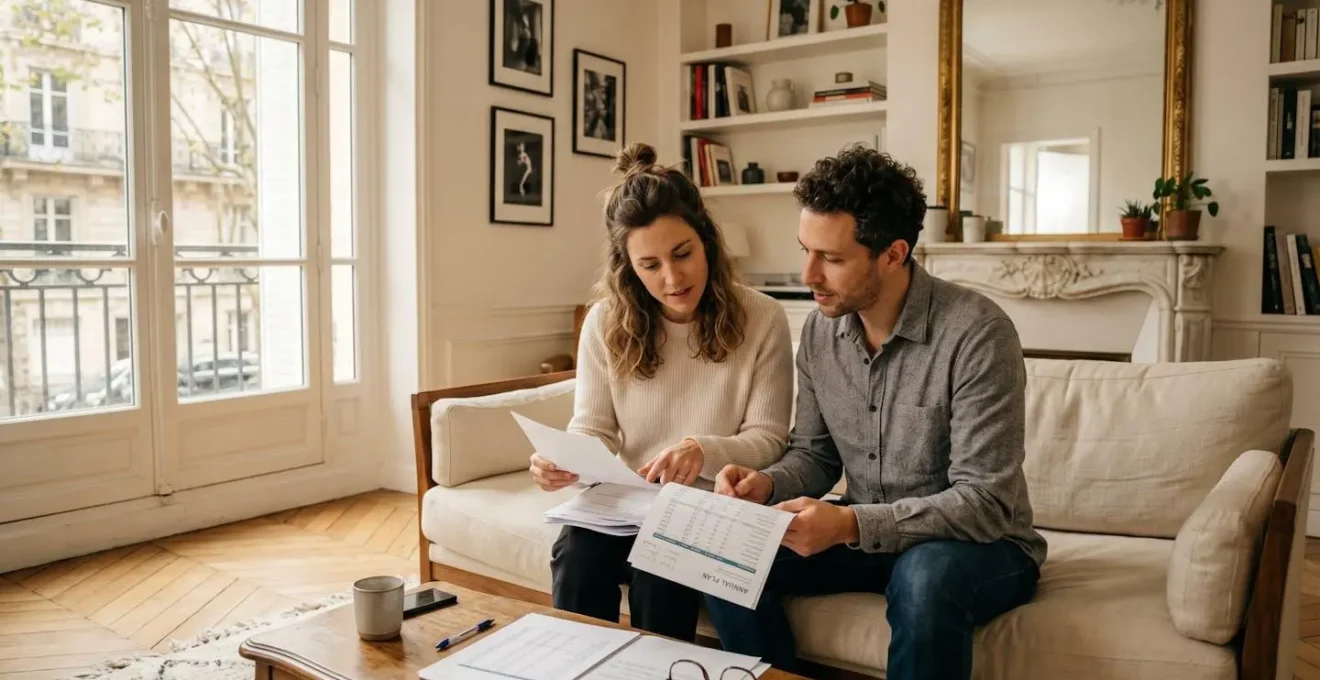 Couple assis dans un salon lumineux, étudiant des documents financiers liés à un projet d'achat immobilier