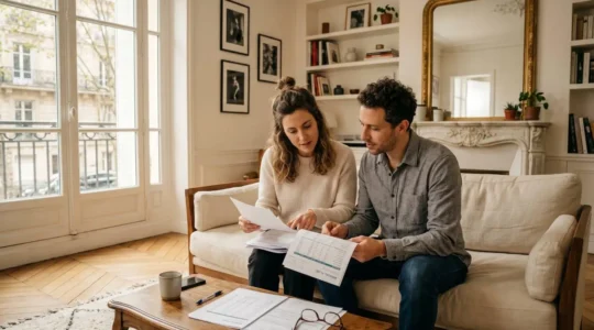 Couple assis dans un salon lumineux, étudiant des documents financiers liés à un projet d'achat immobilier