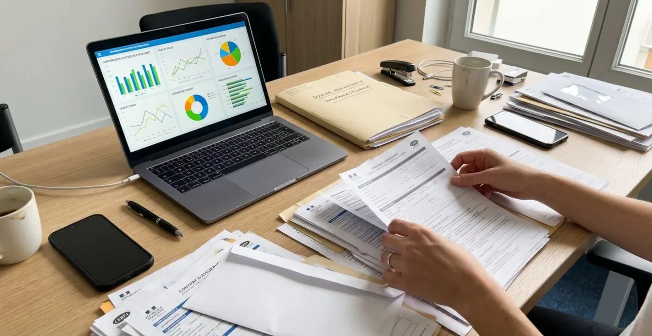 Personne concentrée organisant méthodiquement des documents administratifs sur un bureau épuré avec un ordinateur et un classeur ouvert