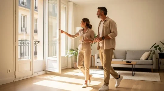Couple visitant un appartement lumineux en France, découvrant ensemble l'espace de vie