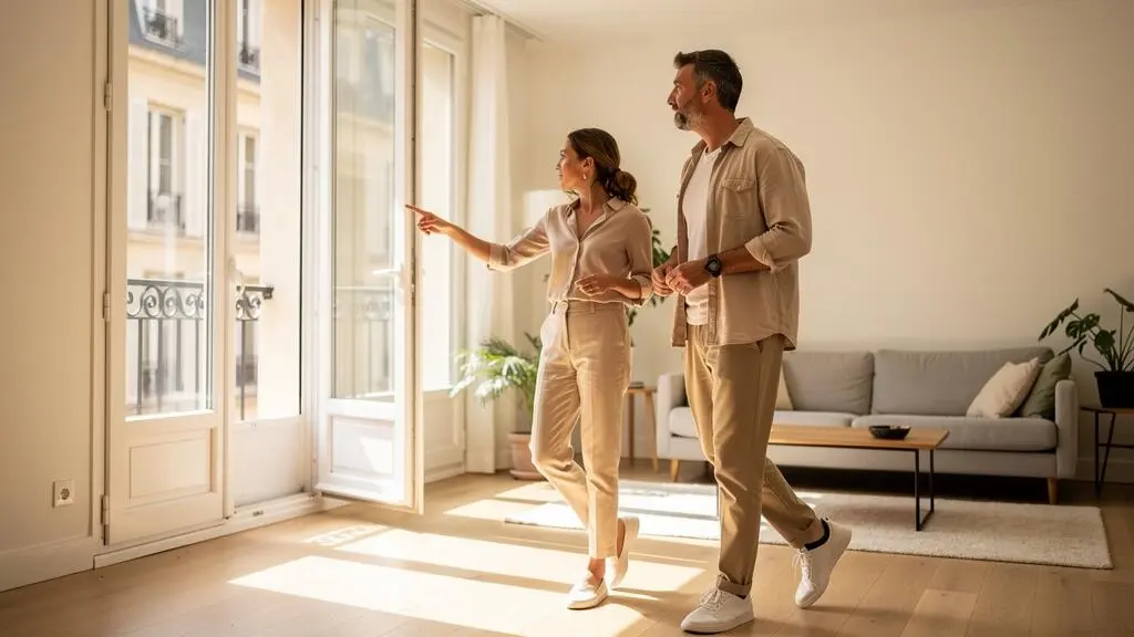 Couple visitant un appartement lumineux en France, découvrant ensemble l'espace de vie