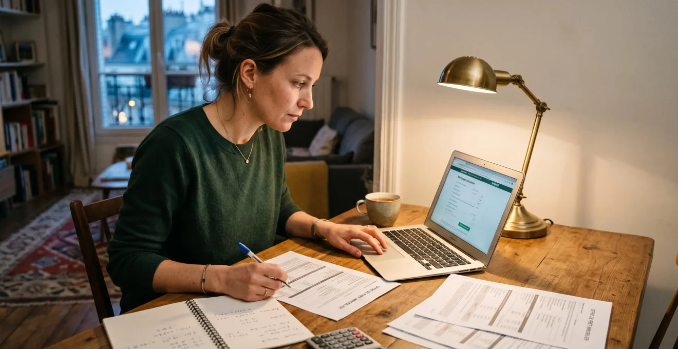 Une femme compare une offre de prêt immobilier sur son ordinateur portable, entourée de documents et d'une calculatrice, à la table de son salon.
