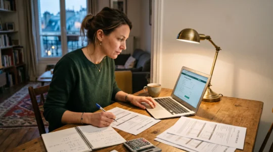 Une femme compare une offre de prêt immobilier sur son ordinateur portable, entourée de documents et d'une calculatrice, à la table de son salon.