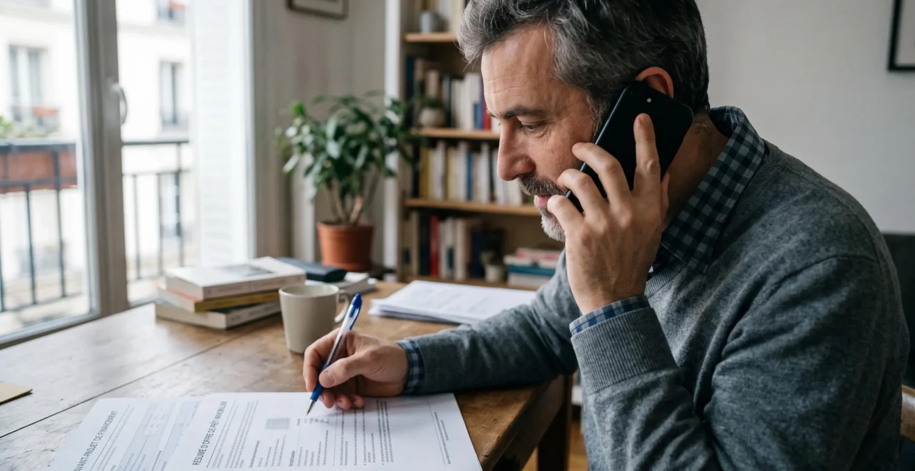 Un homme négocie au téléphone son taux de prêt immobilier tout en prenant des notes sur un document posé sur son bureau.