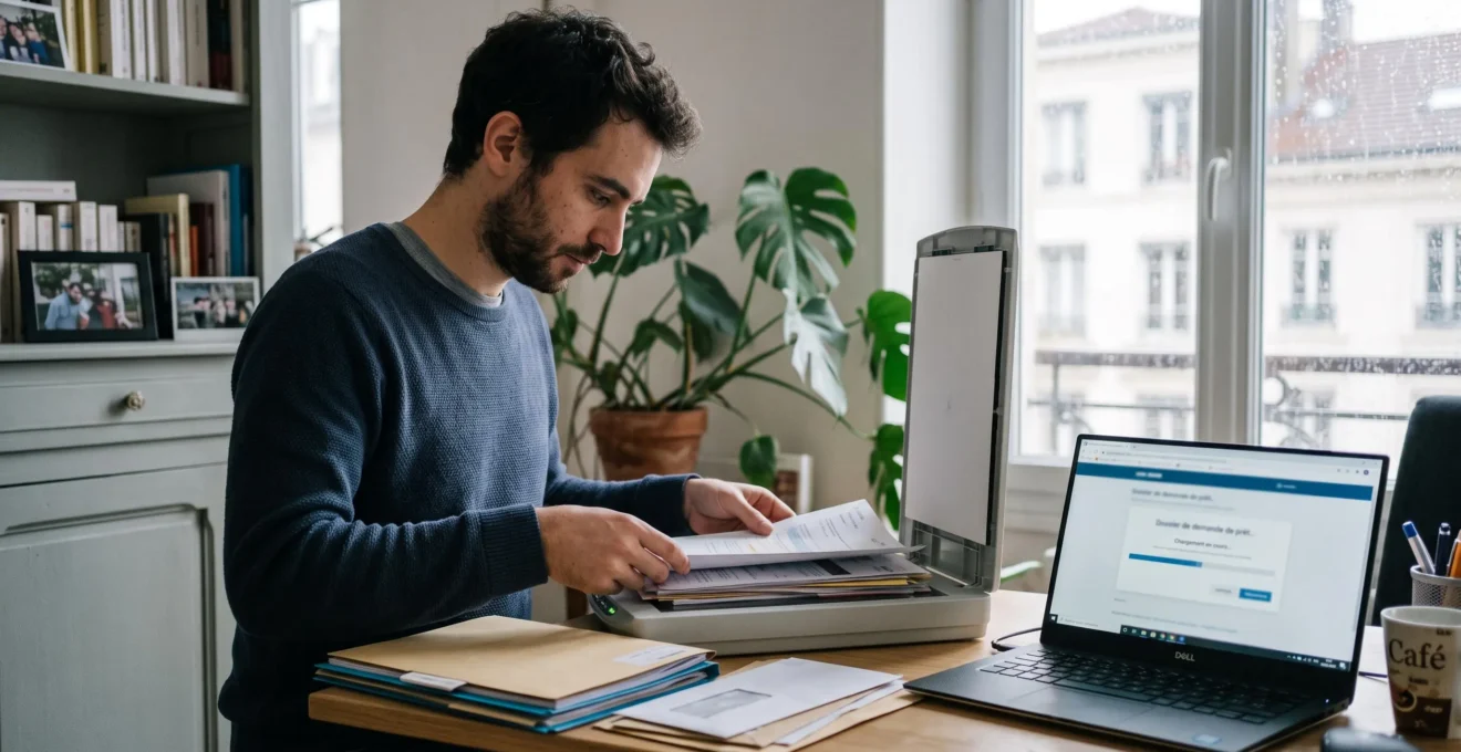 Un homme numérise des documents sur un scanner branché à son ordinateur portable pour constituer son dossier de prêt en ligne.