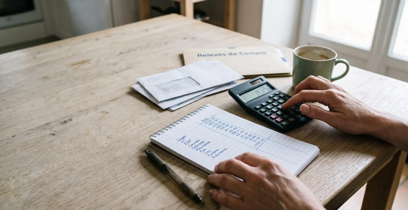 Deux mains saisissent des chiffres sur une calculatrice à côté d'un notepad de budget domestique posé sur une table de cuisine.